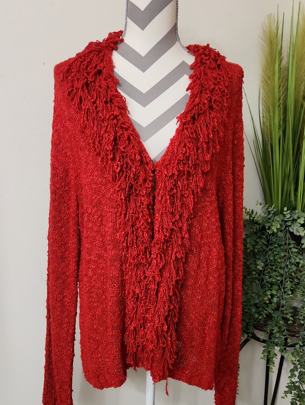 Cati Women's Red Fringe-Trim Cardigan Sweater